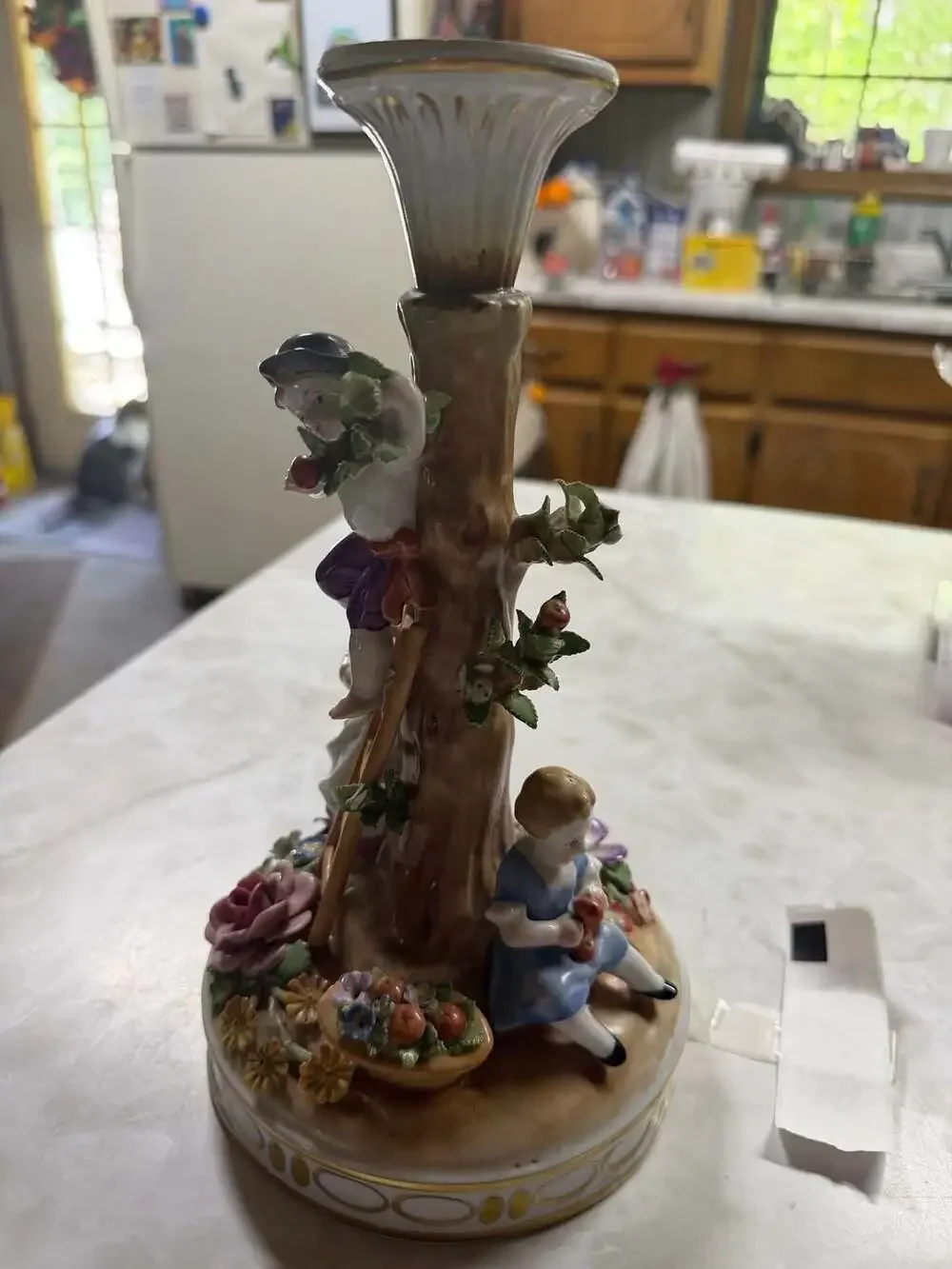 Von Schierholz German Porcelain Figural Compote Candlestick Apple Harvesters